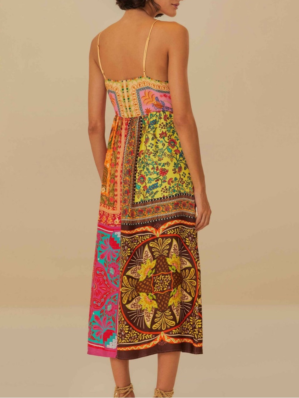 FARM Rio Multicolor Patchwork Midi Dress with Pink & Turquoise Accents - Picture 2 of 9